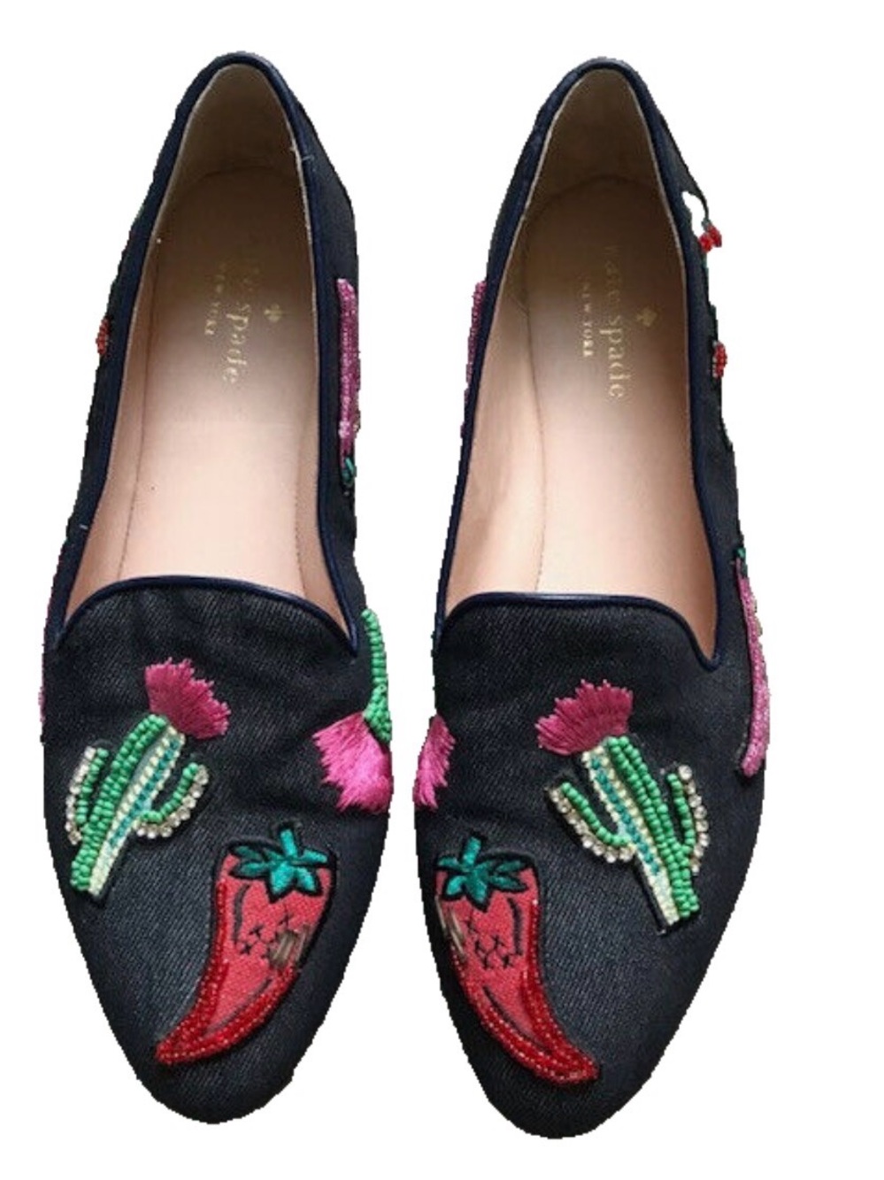 Kate Spade ♠️ Black Denim Loafers with Red & Green Embroidered Motifs